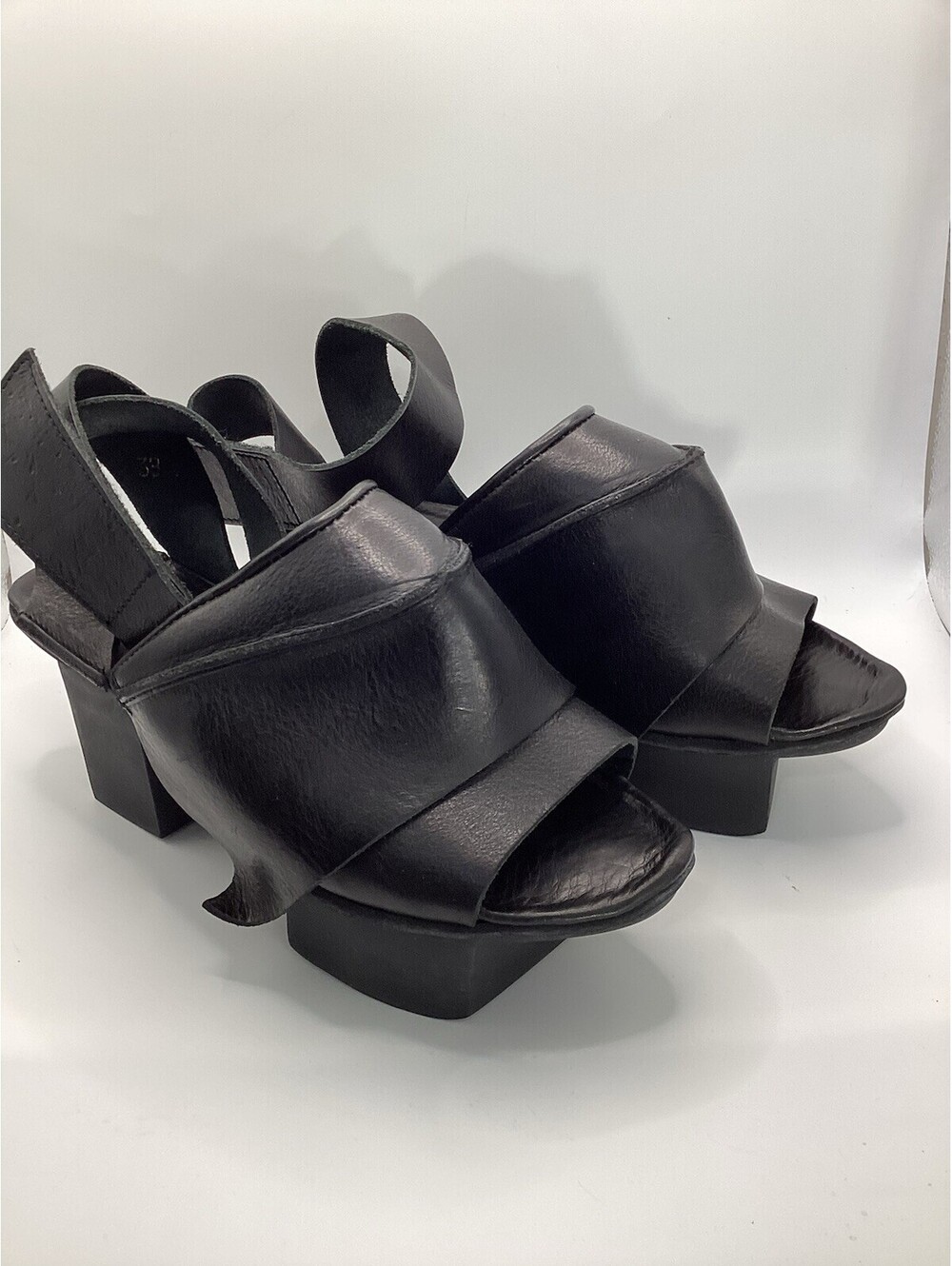 Trippen Vigilant F Black Leather Slingback Block Heel Sandals Size 38